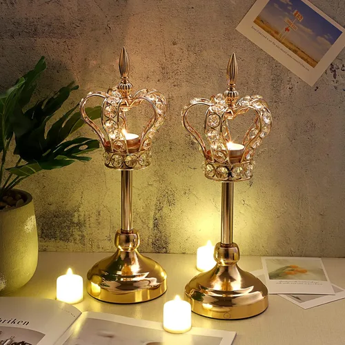 Vista 2 de OwnMy 2 portavelas de corona de cristal, portavelas de metal, candelabros votivos de cristal dorado, elegante portavelas para mesa de comedor, 14
