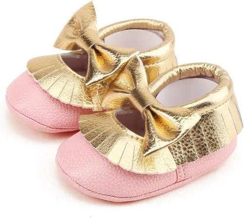 Vista 3 de DELEBAO Zapatos de cuna con borla y suela suave para bebés y niños pequeños
