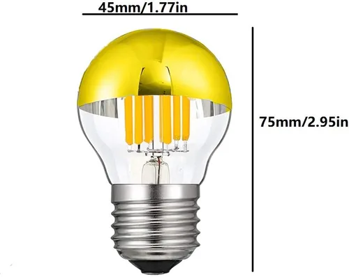 Vista 2 de Lxcom Lighting Bombilla media cromada G45 de 6 W, bombilla de espejo dorada, regulable, vintage, equivalente a 60 W, blanco cálido, 2700 K, base