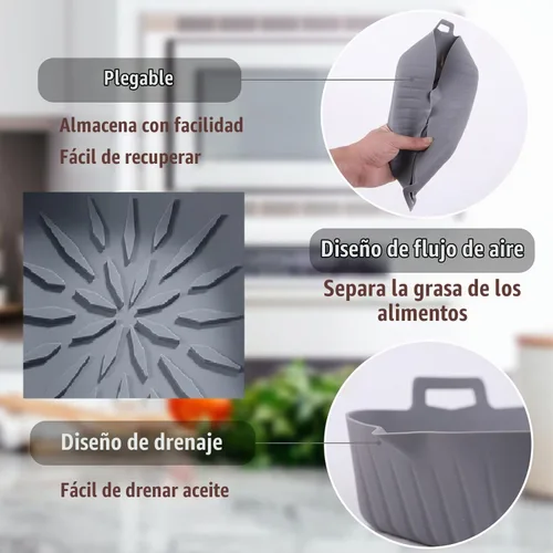 Vista 6 de Forros reutilizables de silicona para freidora de aire (paquete de 2) – Cuadrado de 8.5 pulgadas, antiadherente y fácil de limpiar, cesta resistente