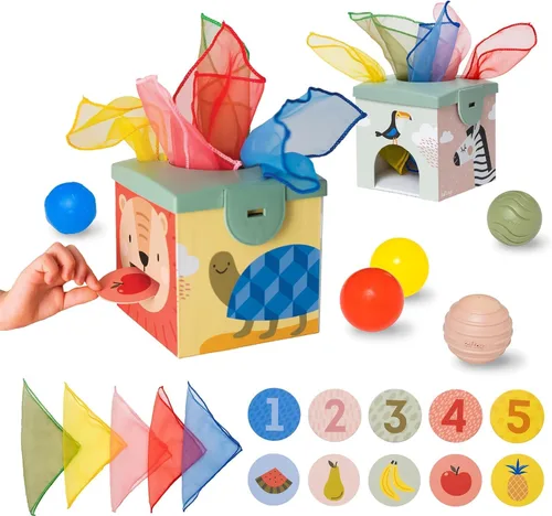 Vista 12 de Taf Toys Caja de pañuelos para bebé con conejito emergente - Actividad sensorial Montessori con 10 pañuelos de tela para el desarrollo motor fino