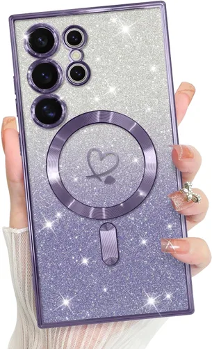 Vista 524 de Bonoma - Funda compatible con Samsung Galaxy S21 Plus, diseño de corazón con purpurina, color rosa Support for MagSafe, Plating Magnetic Case TPU