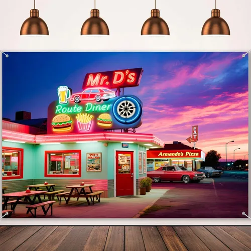 Vista 10 de HANYING Fondo retro para cena de los años 50, Ruta 66 Restaurante Ciudad Nocturna, Fondo de Fotografía, 7 x 5 pies, Decoración de fiesta