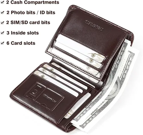 Vista 49 de Billetera de piel triple con bloqueo RFID para hombre con 2 ventanas de identificación, 2 compartimentos para efectivo, 6-8 ranuras para tarjetas