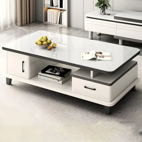 Vista 2 de LAKIQ Mesa de centro rectangular moderna con cajones de almacenamiento, mesa central para sala de estar, mesa central de madera fabricada