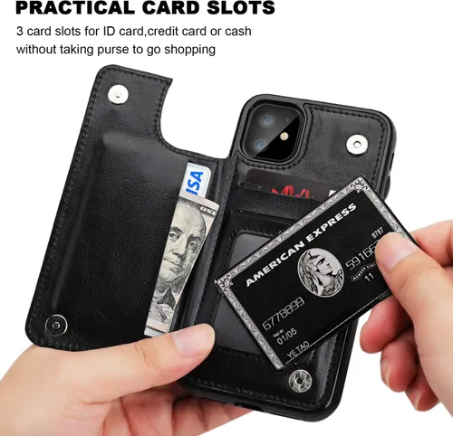 Vista 4 de OT ONETOP - Funda tipo cartera para iPhone 11 con tarjetero y ranuras para tarjetas, doble cierre magnético y funda duradera a prueba de golpes