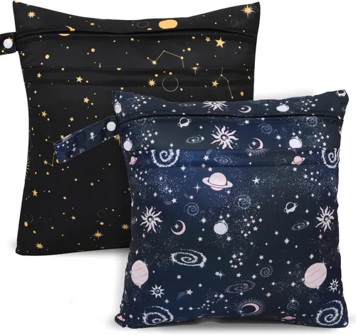 Vista 9 de 2 bolsas de tela para pañales húmedos y secos, bolsa impermeable reutilizable con 2 bolsillos con cremallera y asa, bolsas de lavandería lavables