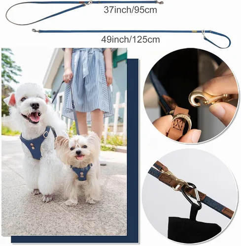 Vista 4 de Arnés sin tirones para perro, con correa multifunción, pechera suave y ajustable para mascota, no ahorca, chaleco a prueba de escape, azul vaquero