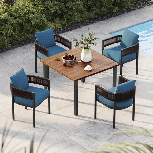 Vista 38 de Juego de comedor al aire libre Grand Patio de 5 piezas para 4, sillas de patio fijas de mimbre tejido metálico con cojines engrosados y 1 mesa