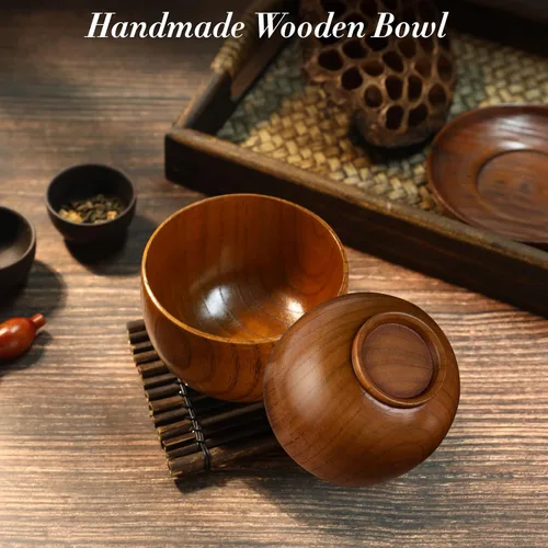 Vista 3 de Juego de 2 cuencos de madera para alimentos, pequeños cuencos de madera con cucharas de madera para postre aperitivos, sopa, juego de vajilla