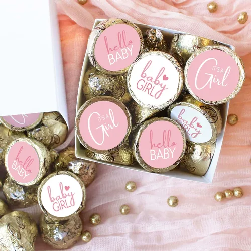 Vista 3 de Calcomanías rosadas de besos para baby shower con texto en inglés "It's a Girl", 180 unidades, 9 diseños 0.75" Round, Fits Chocolate Drops, Candy