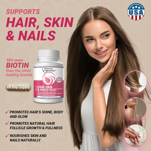 Vista 6 de Vitaminas para cabello, piel y uñas sanos creado por médicos para hombres y mujeres. 0.00026 oz. de biotina, aminoácidos, colágeno y ácido
