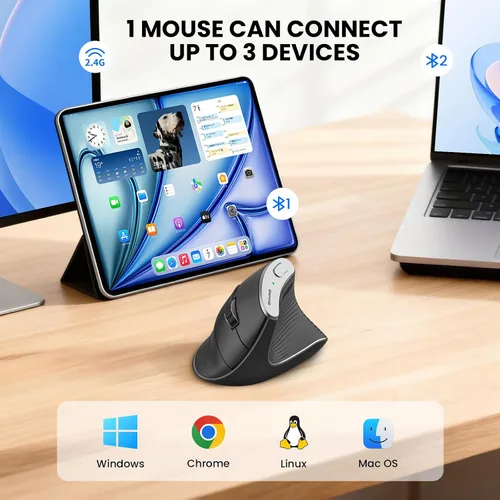 Vista 2 de Ratón óptico ergonómico vertical inalámbrico 2.4G Bluetooth Ratón vertical inalámbrico 4 ajustable 1000/1600/2400/3200 DPI Ratón inalámbrico Negro