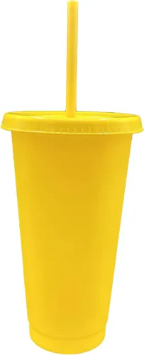 Vista 2 de Vaso frío de plástico reutilizable de 24 onzas con popote y tapa, paquete de 4 unidades (amarillo)