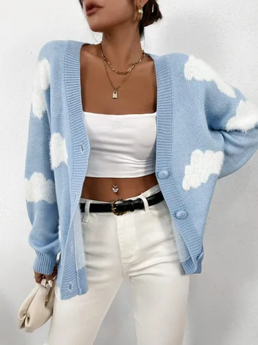 Vista 5 de SOLY HUX Suéter de punto de manga larga con cuello en V y botones para mujer, Azul