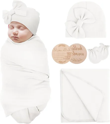 Vista 21 de AQOKKA Manta de Recepción para Recién Nacido con Gorro de Lazo Mitones Juego de Tarjetas de Madera para Recién Nacidos Niños Pequeños Bebé Niño Niña