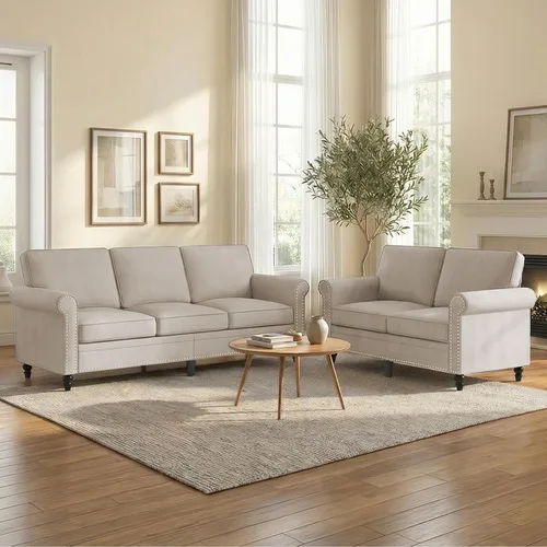 Vista 15 de Mjkone Juego de 2 Piezas para Sala de Estar, Sofás Seccionales, Juego de Sofá y Silla, Sofá Moderno de Lino con Marco de Madera y Patas