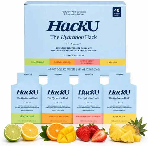 Vista 11 de HackU Hydration Hack - Paquetes de hidratación de electrolitos y piel – Mezcla de bebida sin azúcar, sin hinchazón con magnesio, ácido hialurónico