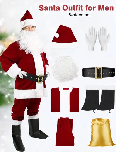 Vista 2 de BIBOSS Disfraz de Papá Noel para hombres, traje completo de Santa Claus para adultos, disfraz de Papá Noel para hombres, traje de Santa 8 piezas