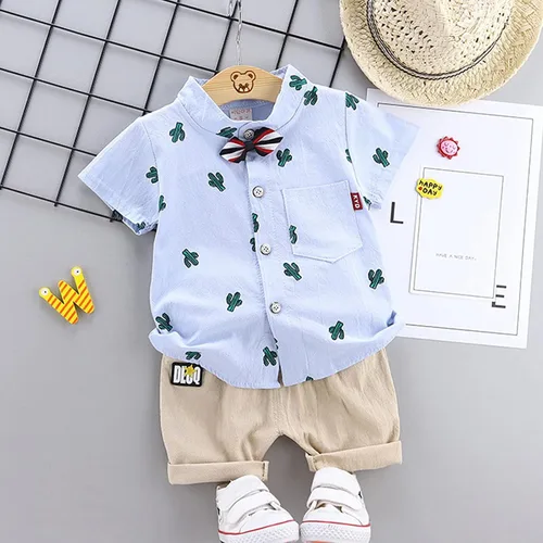 Vista 2 de Ropa de bebé niño, conjunto de 2 piezas con estampado de cactus, ropa casual para el verano (celeste, 6-12 meses)
