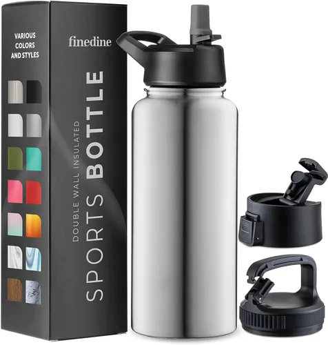 Vista 48 de FineDine Botellas de agua aisladas de triple pared con popote, botella de metal de acero inoxidable de 25 onzas con 3 tapas a prueba de fugas
