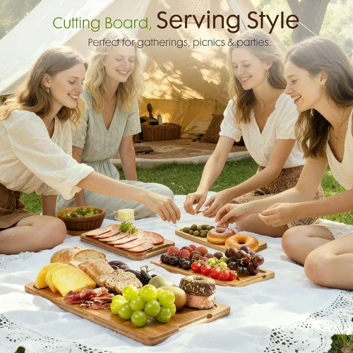 Vista 7 de Astercook Tablas de cortar de bambú carbonizado profundo para cocina con soporte de almacenamiento de madera, charcutería reversible y tablas