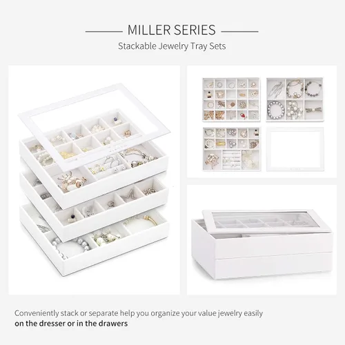 Vista 6 de Vlando - Bandeja organizadora de joyas apilable de gran capacidad organizador de cajones bandeja de exhibición caja para anillos aretes collares