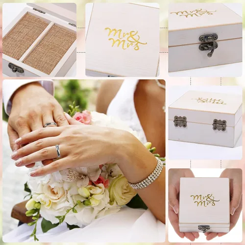 Vista 4 de Caja de madera para anillo de ceremonia de boda soporte de anillo de madera rústico para anillos de matrimonio y joyería de pareja