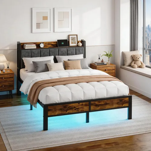 Vista 7 de Liians Base de cama LED de tamaño matrimonial con estación de carga y cabecera de almacenamiento, plataforma de metal, no necesita somier, fácil