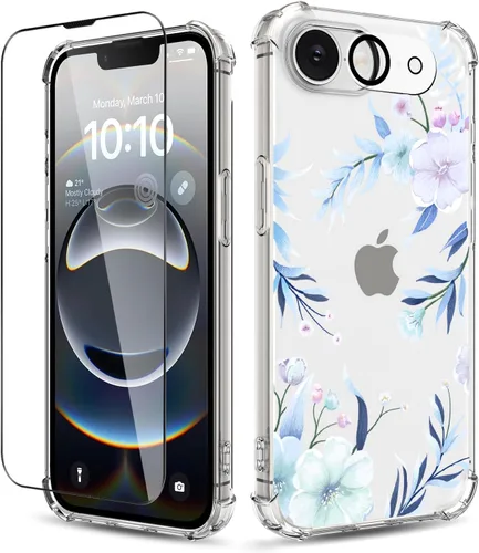 Vista 32 de Funda para iPhone 14, [3 en 1] con protector de pantalla y protector de lente de cámara, diseño de patrón de flores, transparente, suave, a prueba