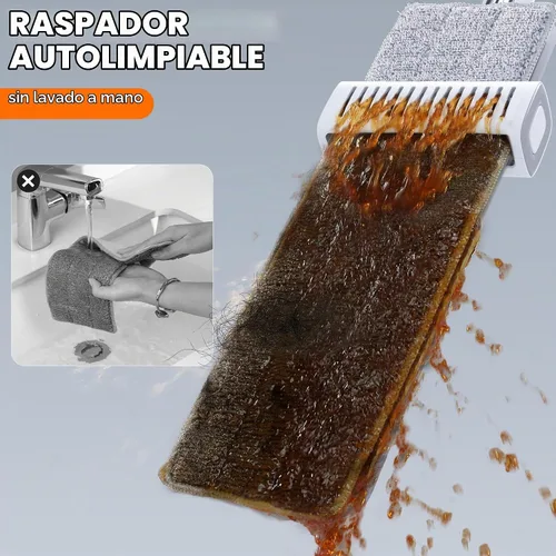 Vista 2 de Trapeador de microfibra autoescurridor, trapeador plano manos libres con hoja para escurrir, panel de aluminio, secado húmedo para apartamentos