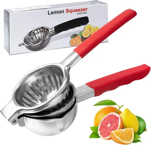 Vista 8 de Exprimidor de limón de acero inoxidable, exprimidor de limón y frutas con asas de silicona, exprimidor manual grande de cítricos