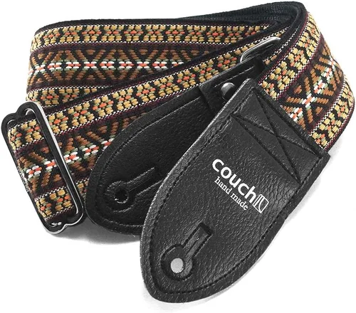 Vista 2 de Correa de guitarra bohemia de tejido hippie de los años 70 con cinturón de seguridad reciclado, fabricado en Estados Unidos por Couch Guitar Straps