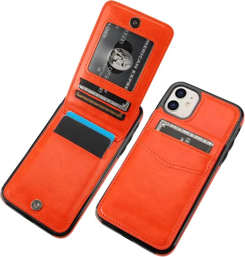 Vista 8 de KIHUWEY - Funda tipo cartera para iPhone 11, tarjetero con soporte, color negro Ranuras para tarjetas de crédito, soporte, piel sintética