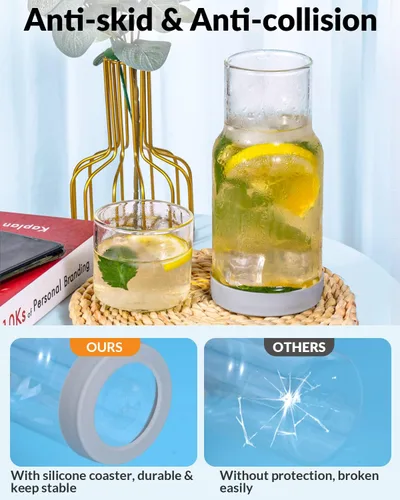 Vista 2 de Juego de jarra de agua y vaso para mesita de noche, jarra de agua nocturna con vaso, dispensador de enjuague bucal de vidrio transparente para baño