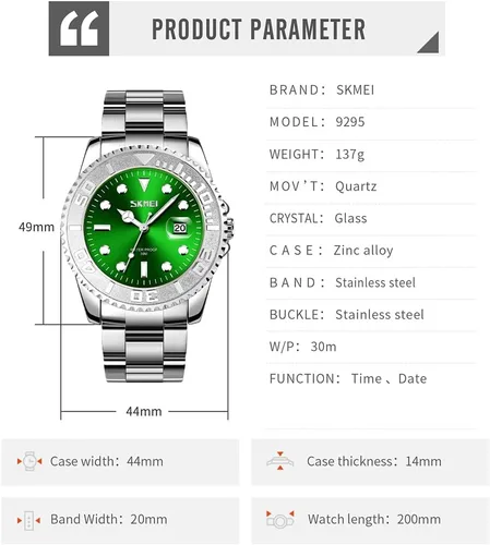 Vista 6 de SKMEI Reloj para hombre, impermeable, a la moda, casual, de acero inoxidable, color plateado, cara grande, analógica, de cuarzo, luminoso, vestido