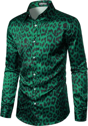 Vista 3 de ZEROYAA Camisas de vestir de satén de manga larga con botones para hombre