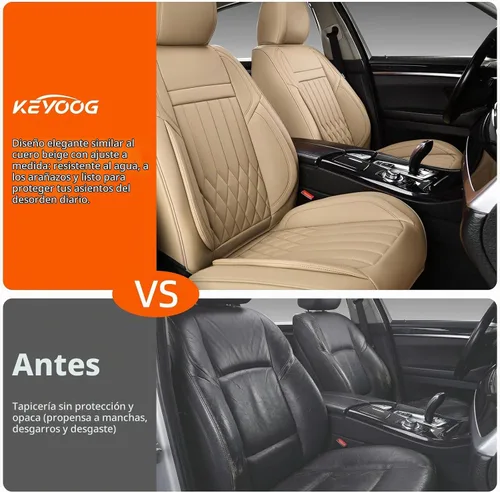 Vista 8 de Juego completo de fundas de asiento de automóvil de cuero napa impermeables y transpirables de 2 plazas, aptas para asientos delanteros de beige