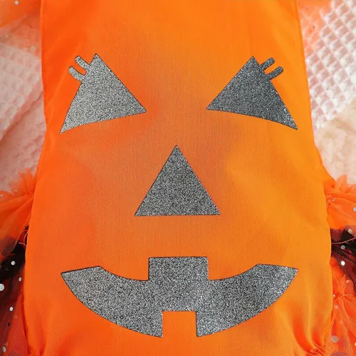 Vista 5 de Disfraz de Halloween para recién nacido, sin mangas, con estampado de calabaza, sin espalda, con capucha, vestido para bebé