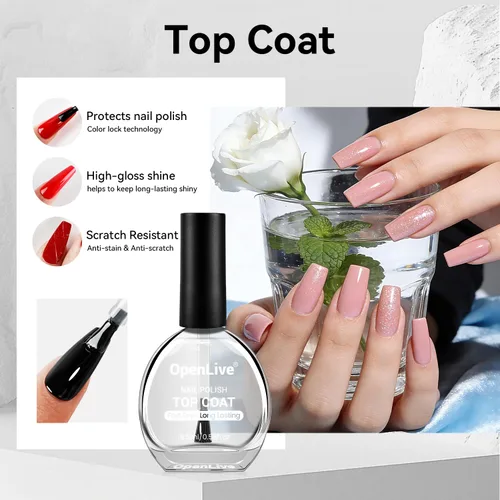 Vista 2 de OpenLive 2 esmaltes de uñas transparentes de capa superior brillante, esmalte de uñas regular de secado rápido, acabado de alto brillo, protección
