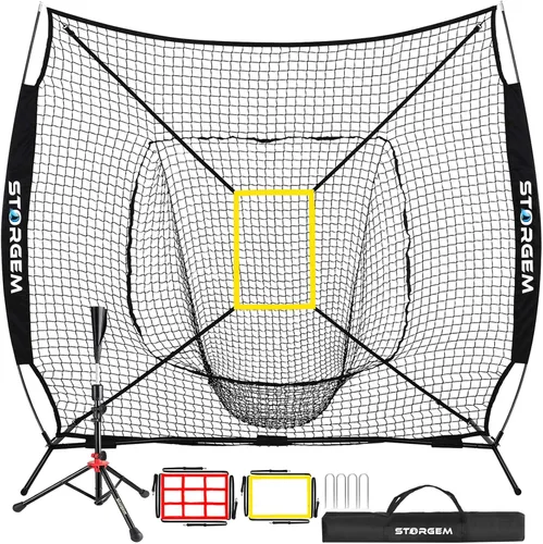 Vista 10 de Storgem Baseball and Softball Practice Net 7×7ft Portable Hitting Pitching Batting Training Net Baseball Backstop Net with Batting Tee and Strike