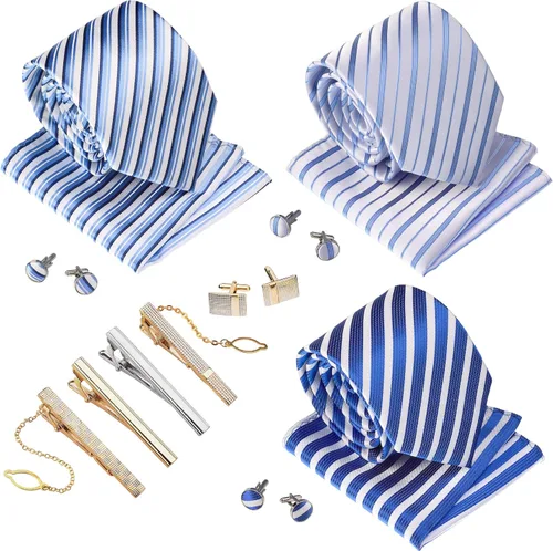 Vista 38 de Juego de corbata de regalo para hombre, corbata sedosa, bolsillo cuadrado, clips de corbata, gemelos para hombres