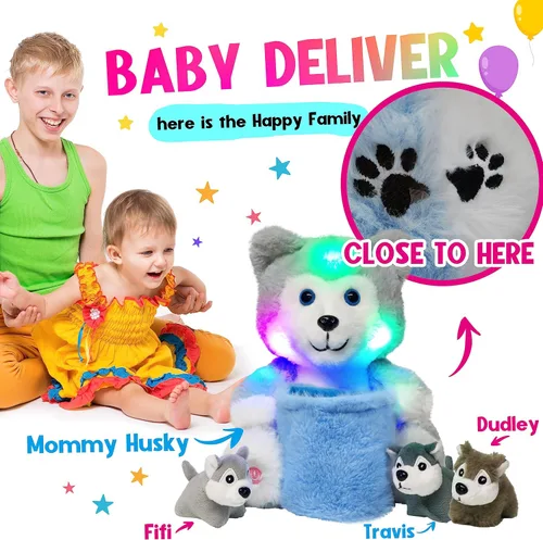 Vista 6 de Hopearl Husky de peluche LED con cubo extraíble que ilumina tu mamá y perro con 3 cachorros en la cesta, juego de animales de peluche disquetes