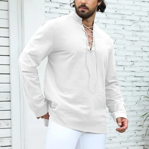 Vista 5 de Camisa medieval renacentista pirata para hombre, manga larga, vikinga, gótica, steampunk, Halloween, cosplay, fiestas