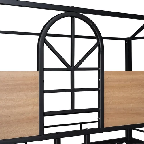 Vista 5 de Litera de metal individual sobre individual con escalera, litera de metal con tobogán para dormitorio de niños (casa negra con tobogán)