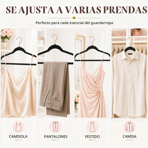 Vista 4 de Smartor Paquete de 50 perchas de terciopelo antideslizantes con gancho de oro rosa, perchas de terciopelo resistente para ropa de adultos, abrigos