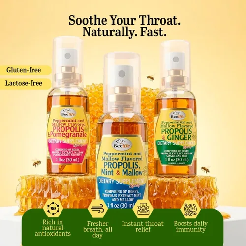 Vista 2 de Beelife Spray de propóleo para la garganta, espray de propóleo de abeja para apoyo inmunológico natural y alivio del dolor de garganta, rico
