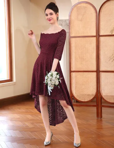 Vista 2 de Dressystar - Vestido de encaje para mujer, vestido asimétrico con vuelo y hombros descubiertos ideal para cóctel, dama de honor, fiesta formal