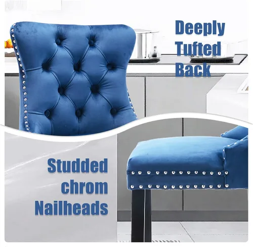 Vista 135 de SoarFlash Juego de 2 taburetes de bar tapizados de terciopelo moderno con patas de madera, botones acolchados, cabeza de clavo cromada, asiento