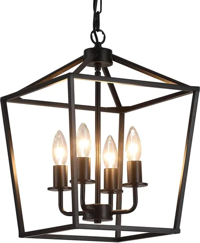Vista 2 de AMZASA UL Listada Lámpara de araña industrial negra de 4 luces, lámpara colgante de jaula metálica de granja, estilo rústico geométrico, accesorios